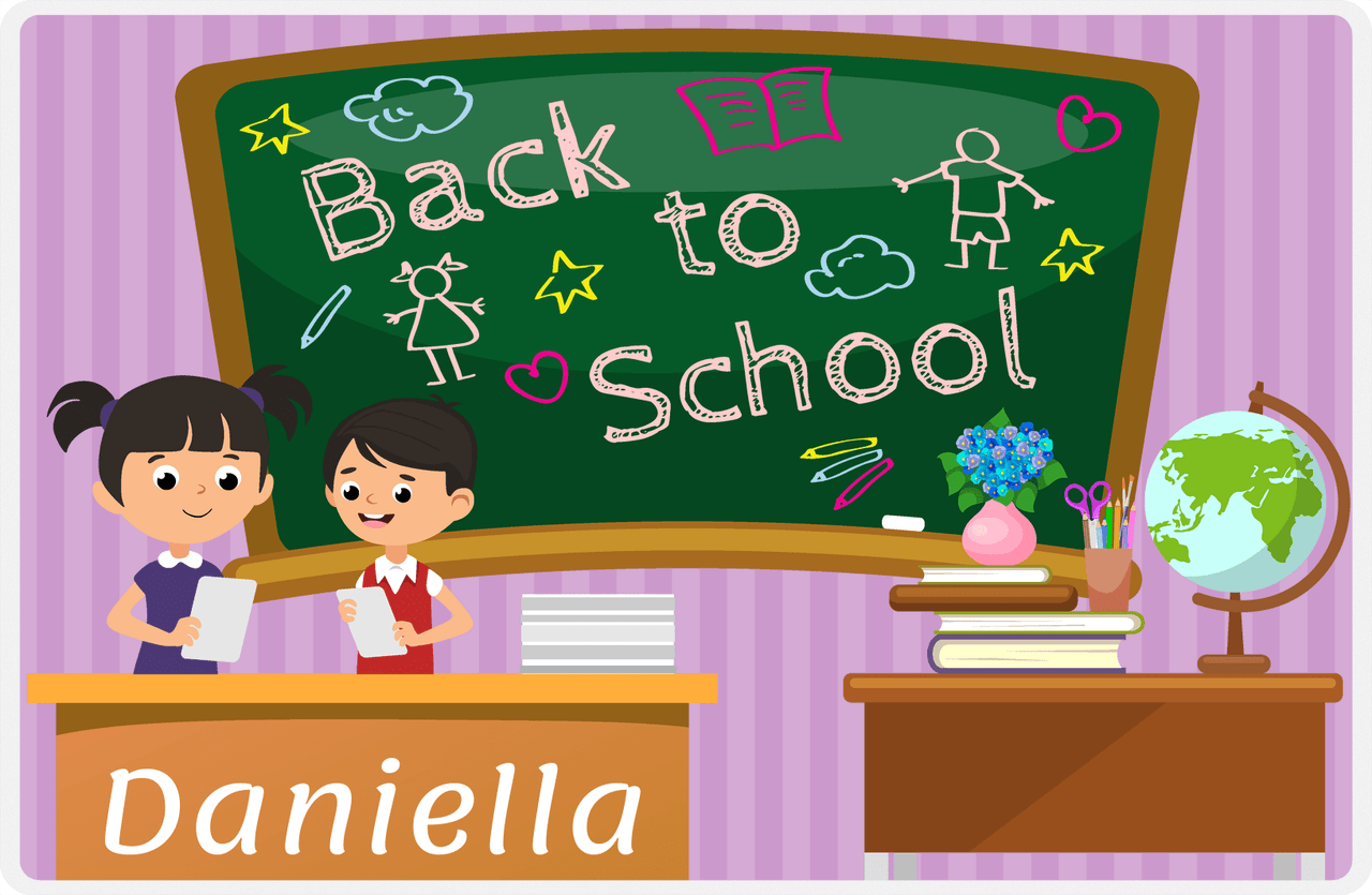 Personalized School Teacher Placemat VI - Chalkboard Friends - Black Hair Girl -  View