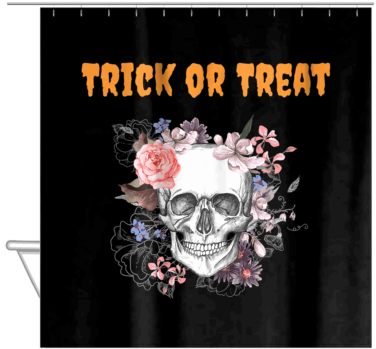 Personalized Skull and Flowers Shower Curtain - Black Background - Text Above Skull - Hanging View