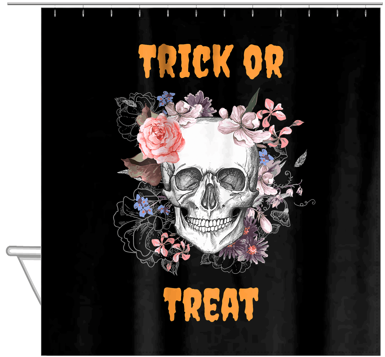Personalized Skull and Flowers Shower Curtain - Black Background - Text Above and Below Skull - Hanging View