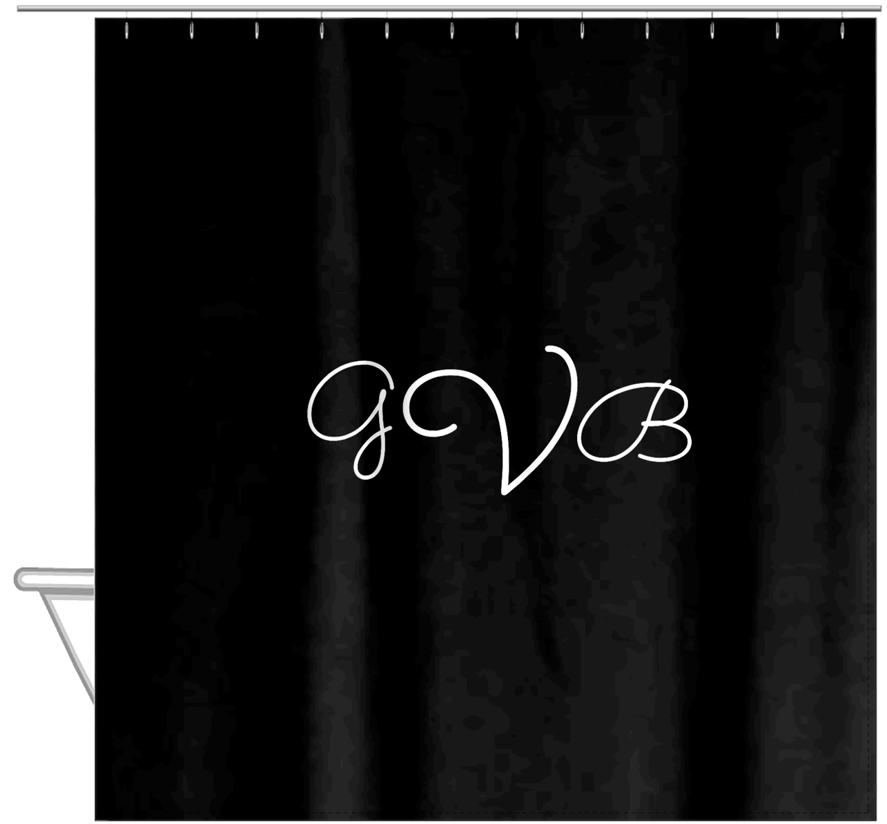 Personalized Solid Color Shower Curtain - Black Background - Monogram - Hanging View