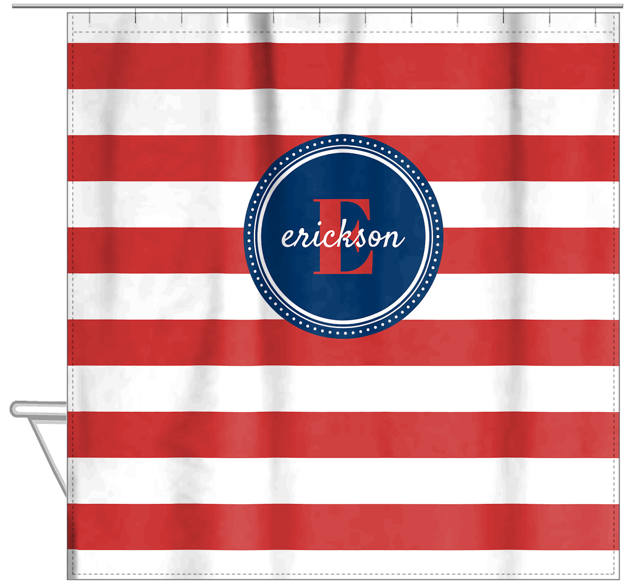 Personalized Striped Shower Curtain - Red, White, and Blue - Circle Nameplate - Hanging View
