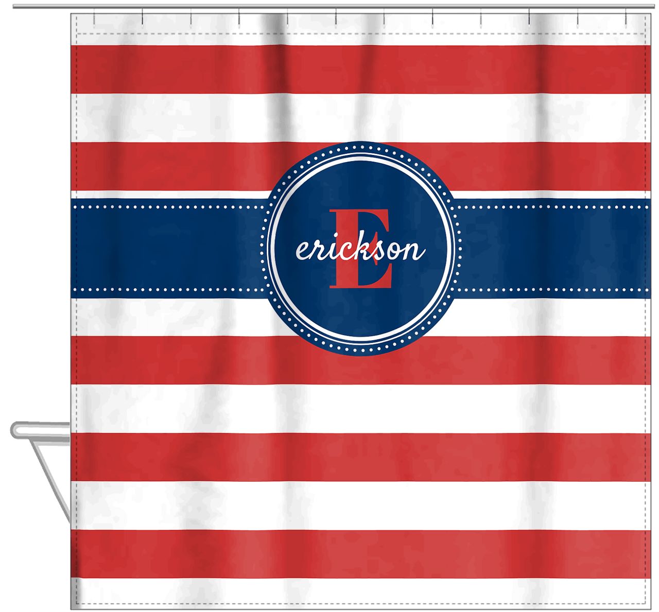 Personalized Striped Shower Curtain - Red, White, and Blue - Circle Ribbon Nameplate - Hanging View
