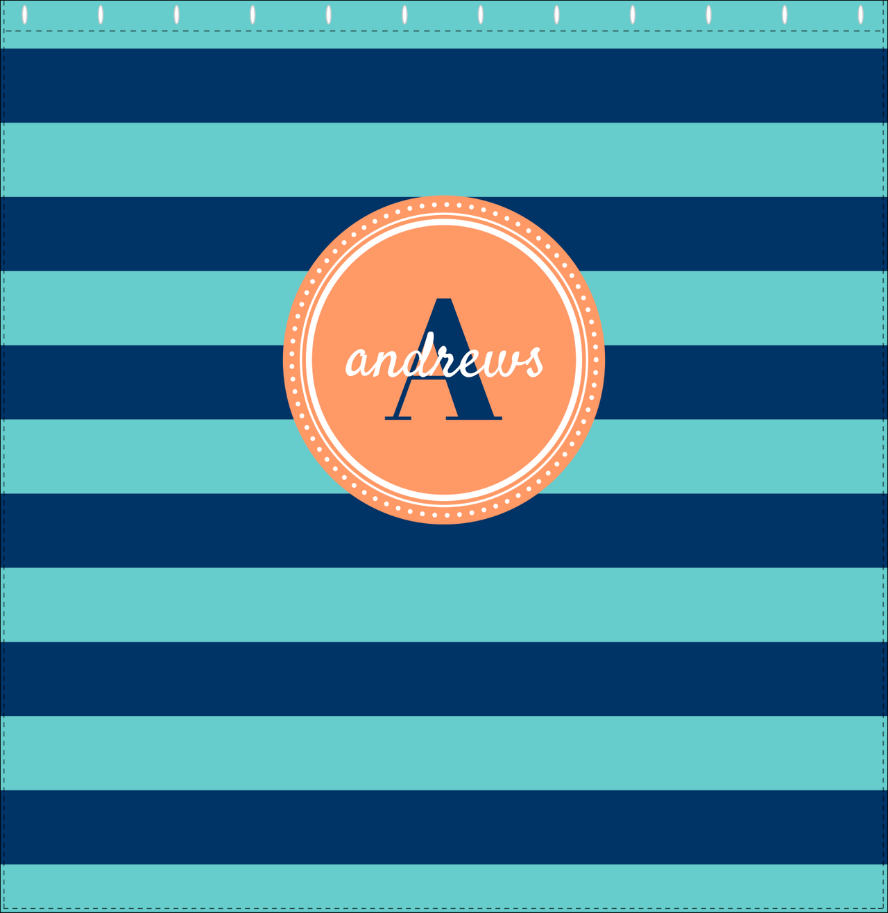 Personalized Striped Shower Curtain - Blue and Orange - Circle Nameplate - Decorate View