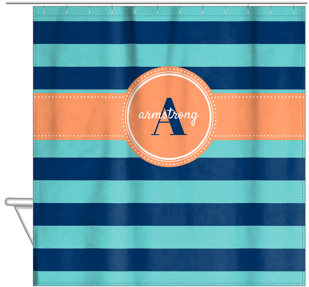 Personalized Striped Shower Curtain - Blue and Orange - Circle Ribbon Nameplate - Hanging View