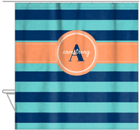 Thumbnail for Personalized Striped Shower Curtain - Blue and Orange - Circle Ribbon Nameplate - Hanging View