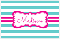 Thumbnail for Personalized Striped Placemat - Viking Blue and White Stripes - Hot Pink Fancy Ribbon Frame -  View