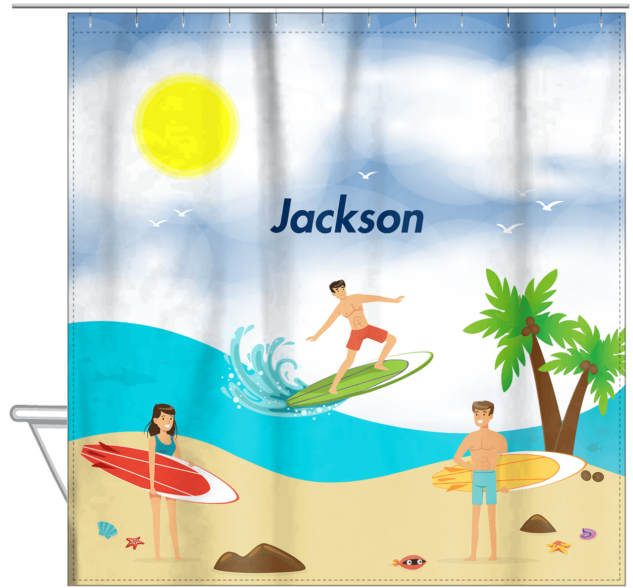 Personalized Surfing Shower Curtain III - Black Hair Boy - Hanging View