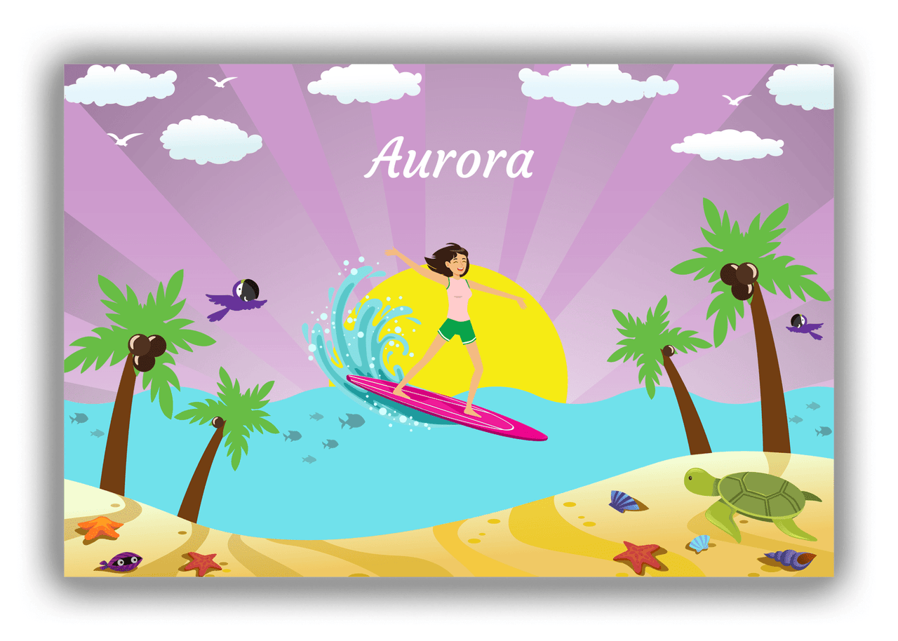 Personalized Surfing Canvas Wrap & Photo Print II - Purple Background - Black Hair Girl - Front View