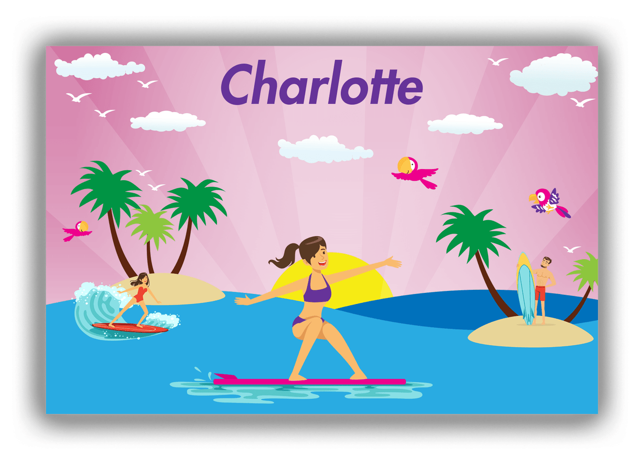 Personalized Surfing Canvas Wrap & Photo Print VI - Pink Background - Brunette Girl - Front View