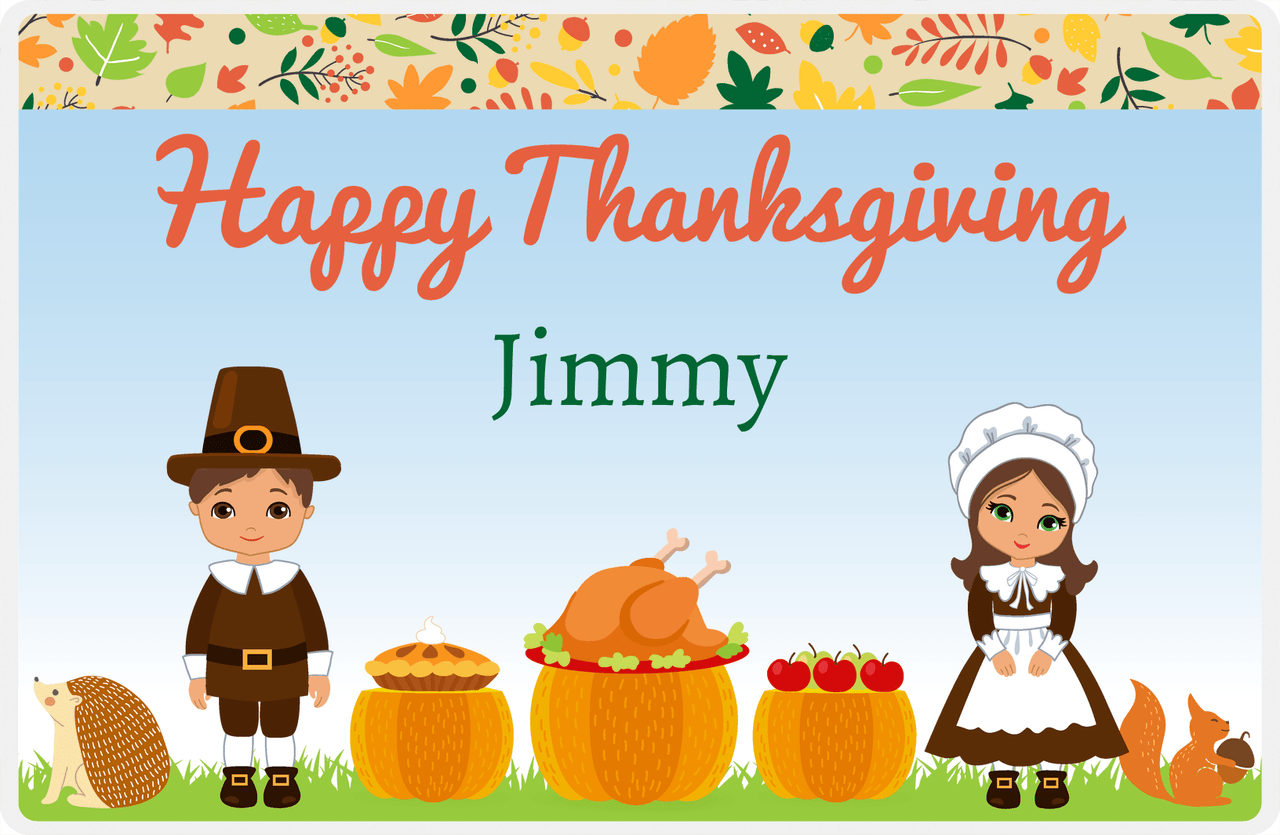 Personalized Thanksgiving Placemat IX - Thanksgiving Celebration - Brown Hair Characters -  View