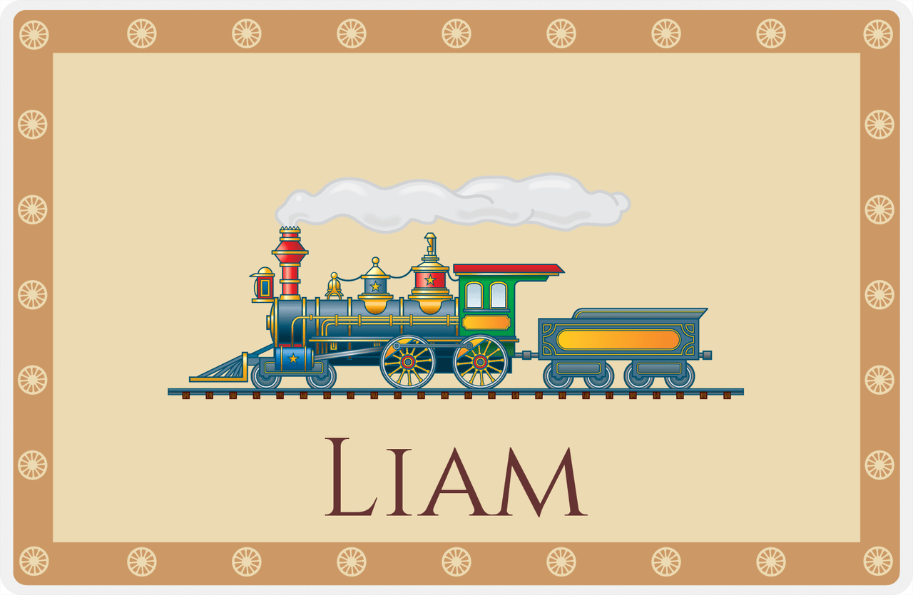 Personalized Train Placemat - Champagne and Light Brown - Border with Wheels -  View