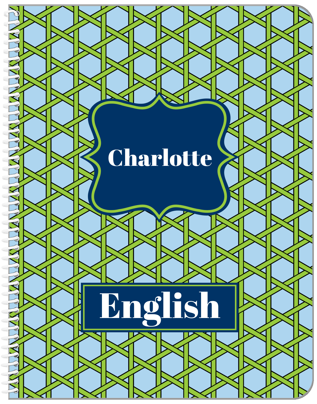 Personalized Trellis Notebook I - Blue and Green - Fancy Nameplate - Front View