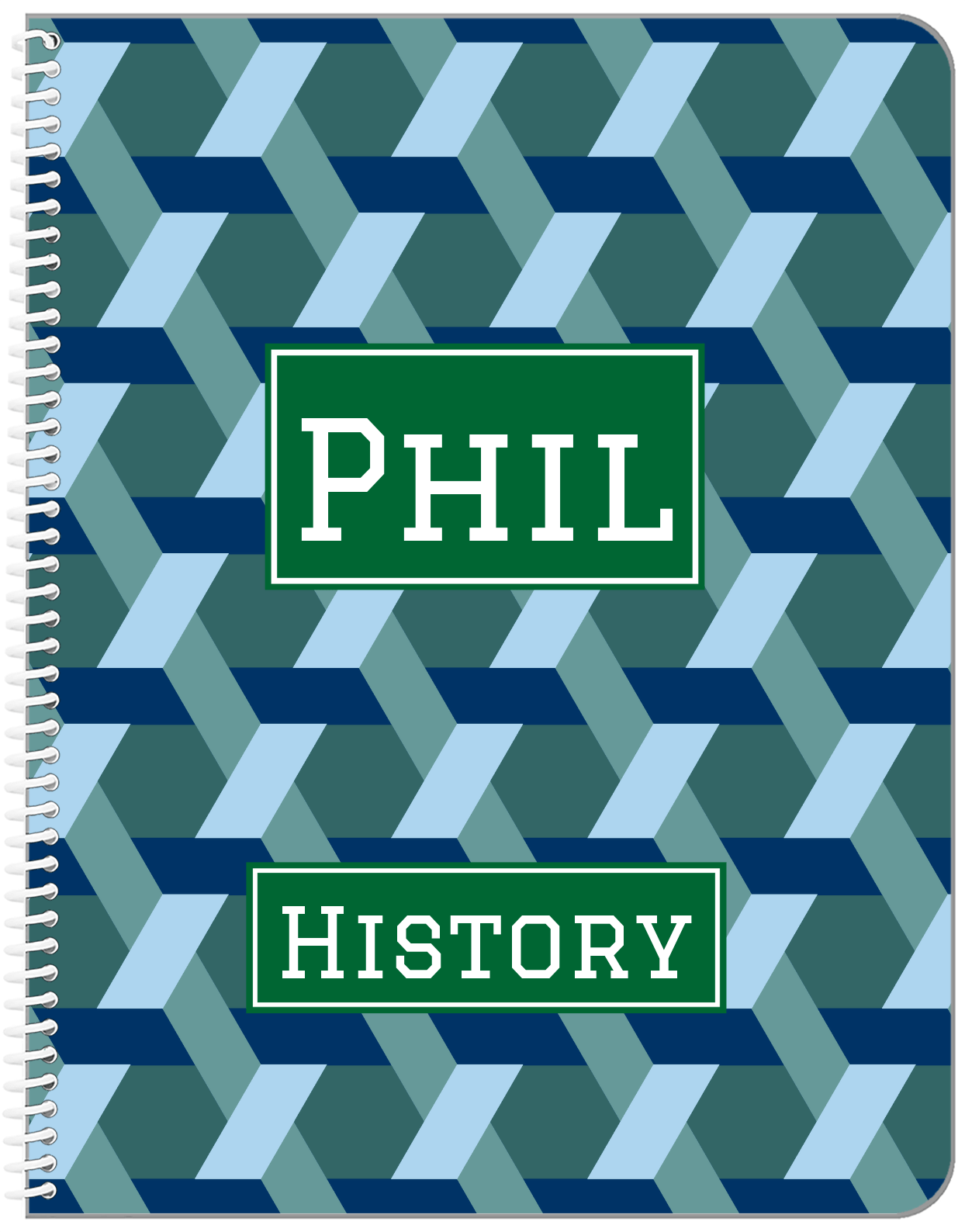Personalized Trellis Notebook II - Blue and Green - Rectangle Nameplate - Front View