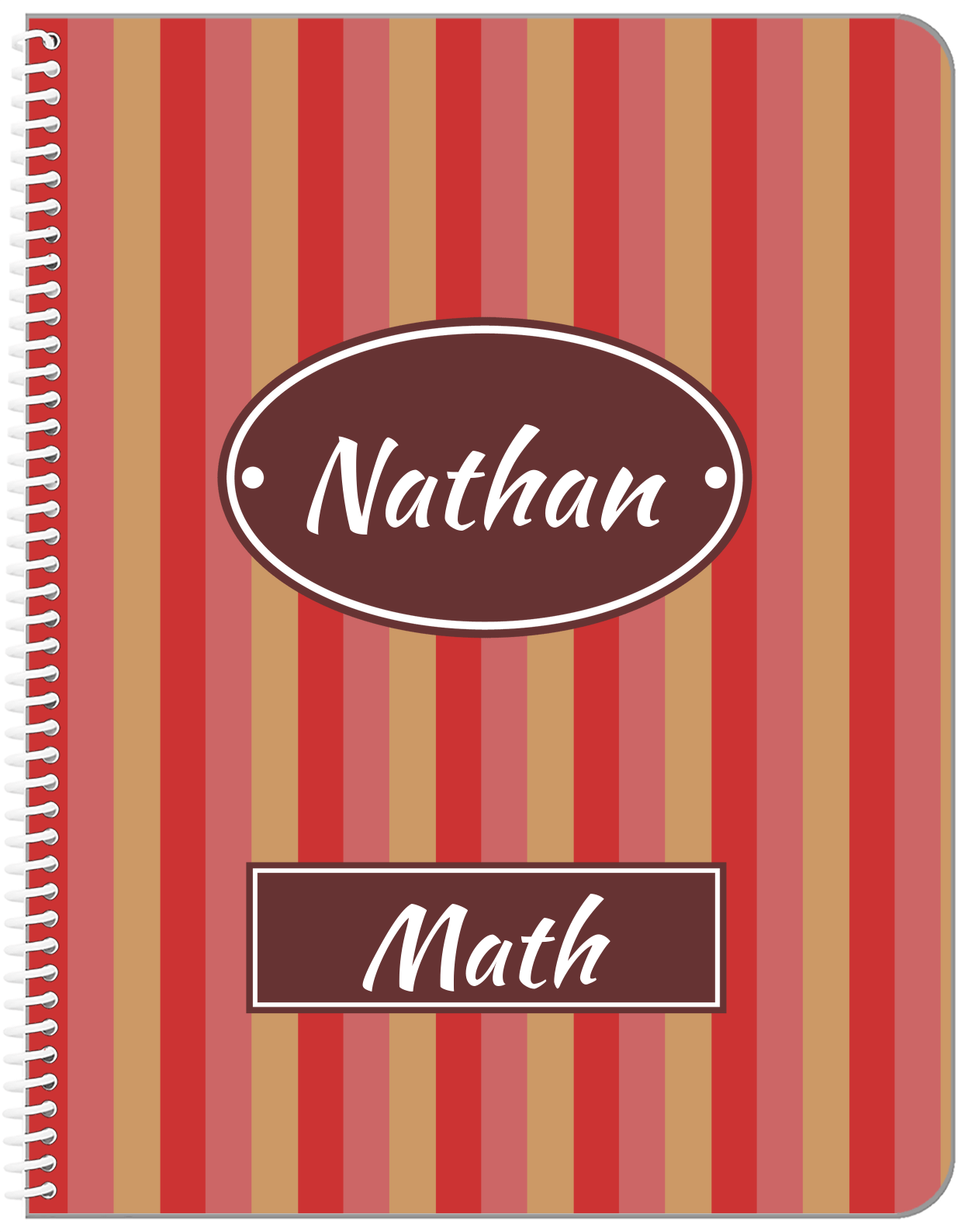 Personalized Vertical Striped Notebook II - Red and Brown - Oval Nameplate - Front View