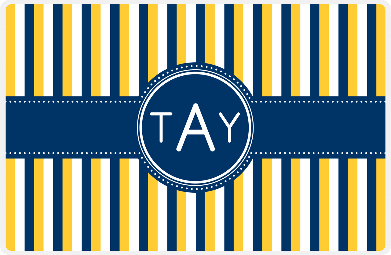 Personalized Vertical Stripes II Placemat - Navy and Mustard - Navy Circle Frame with Ribbon -  View
