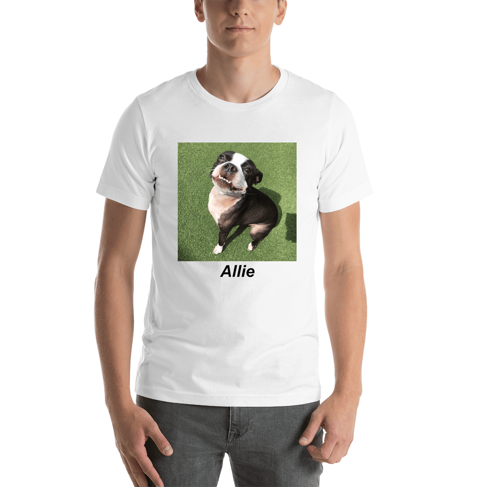 Personalized White T-Shirt - Upload Your Square Image - Text Below Photo - Shirt View