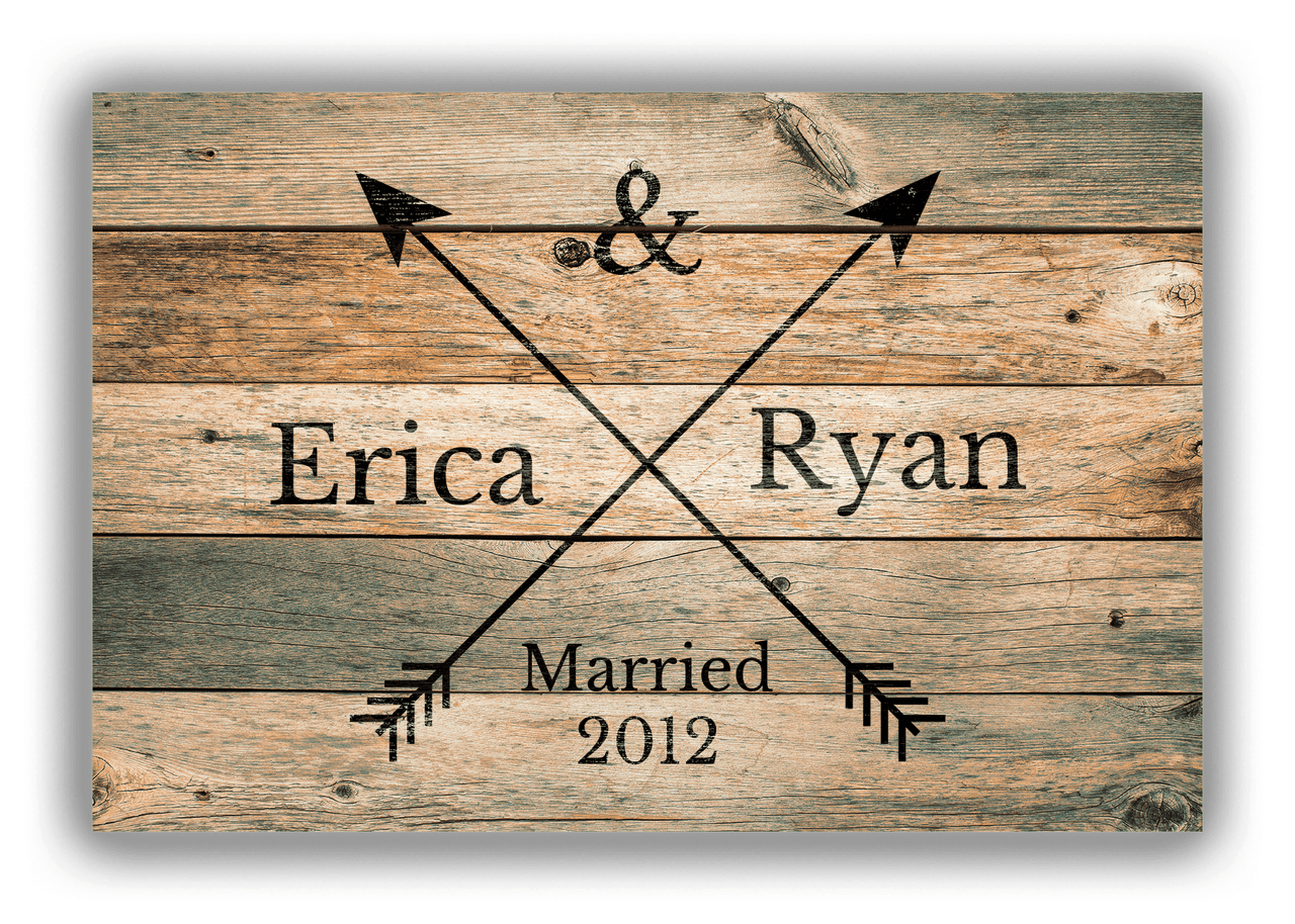 Personalized Wood Grain Canvas Wrap & Photo Print - Black Arrows - Couples Names with Wedding Year - Patina Wood - Front View