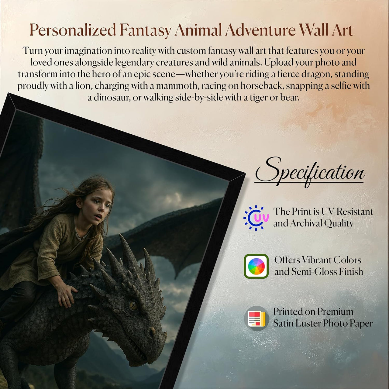 Personalized Dragon Adventure Wall Art – Create Your Own Fantasy Portrait, Transform Photo Into Unique Artwork, Birthday Gift, Ideal Poster For Kids Room, Bedroom, Playroom, Home Decor, Custom Print