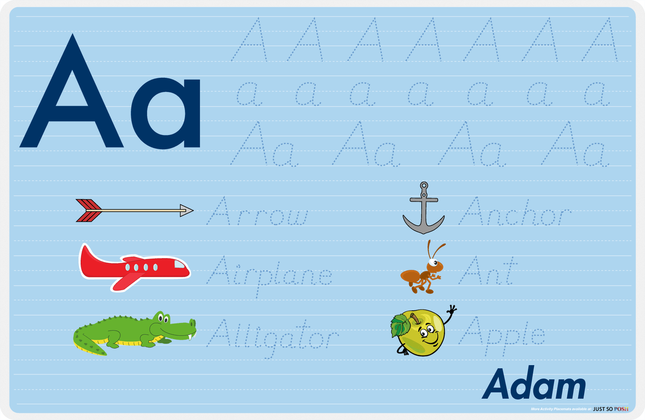 Personalized Activity Placemat - Tracing Letter A - Blue Background -  View