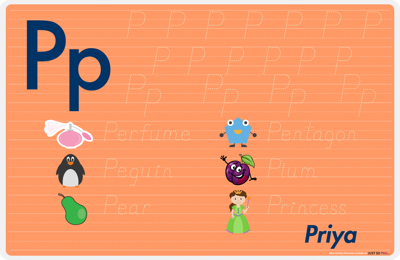 Personalized Activity Placemat - Tracing Letter P - Orange Background -  View