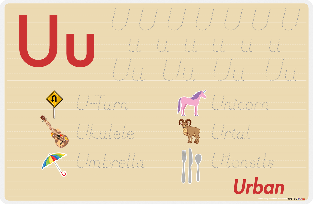 Personalized Activity Placemat - Tracing Letter U - Light Brown Background -  View