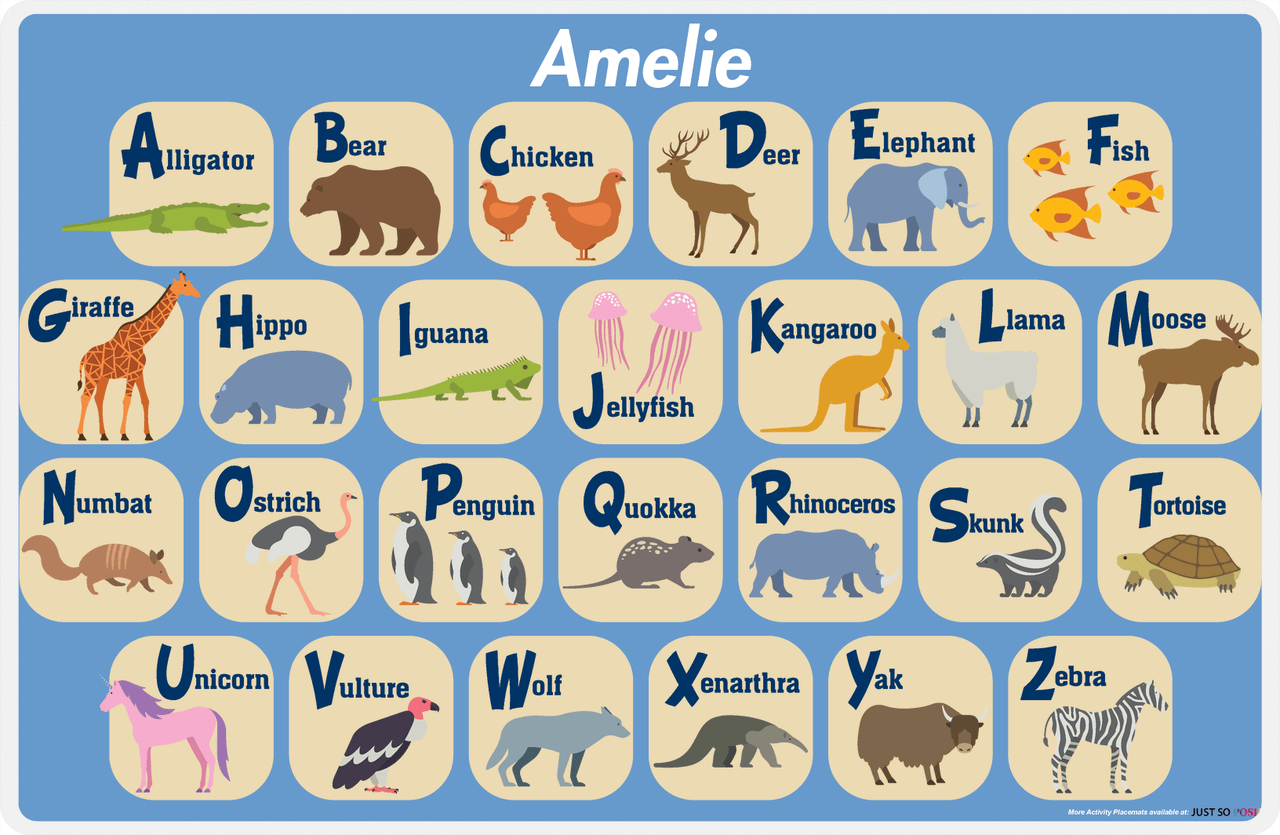 Personalized Activity Placemat - Learning Animals I - Blue Background -  View