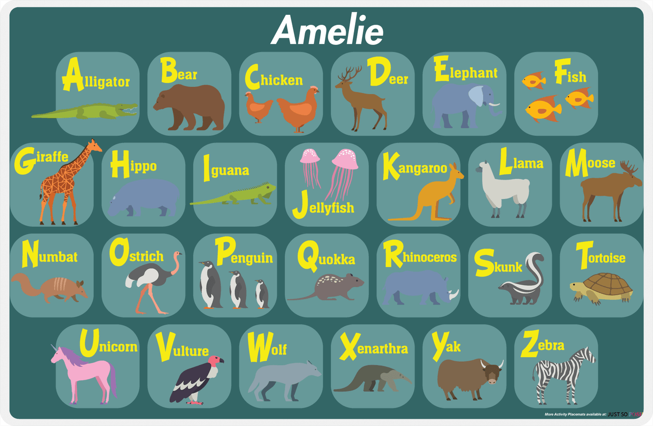 Personalized Activity Placemat - Learning Animals I - Teal Background -  View