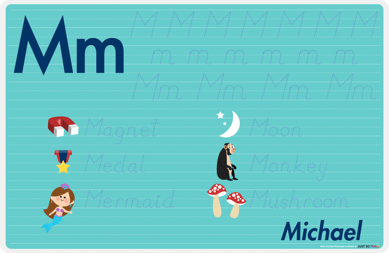 Personalized Activity Placemat - Tracing Letter M - Teal Background -  View