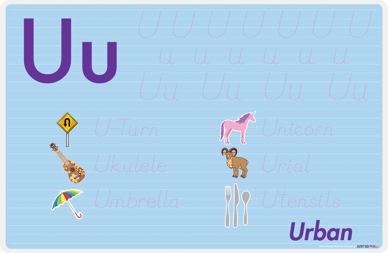 Personalized Activity Placemat - Tracing Letter U - Blue Background -  View
