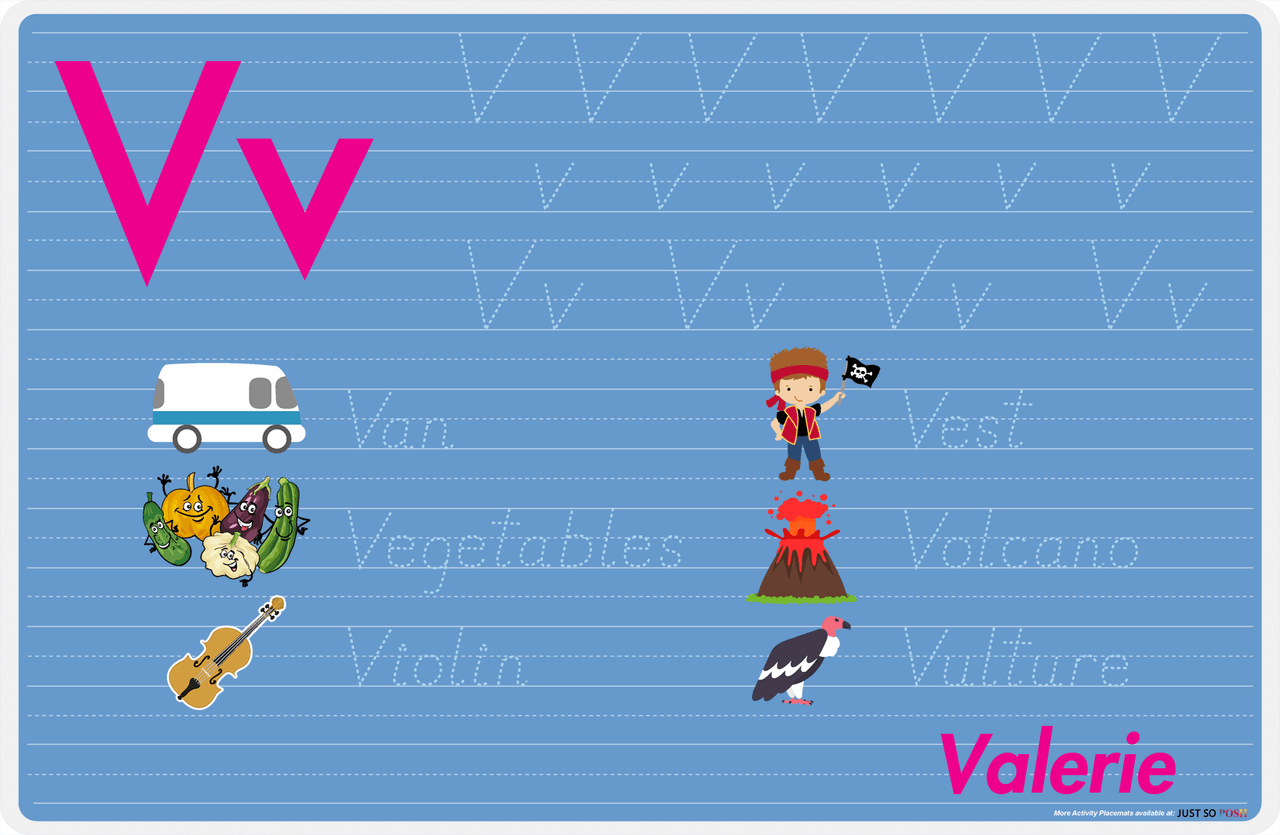 Personalized Activity Placemat - Tracing Letter V - Blue Background -  View