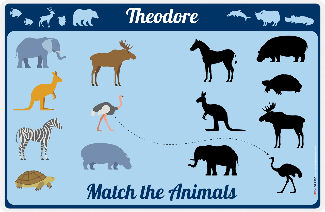 Personalized Activity Placemat - Matching Animals I - Blue Background -  View
