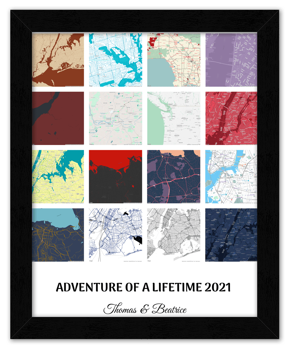 Personalized Adventure of a Lifetime Map Wall Art - Custom Travel Memories Collage Poster, Modern Minimalist Home Decor, Romantic Journey Locations Print, Gifts for Couples, Anniversary, Housewarming - Front View