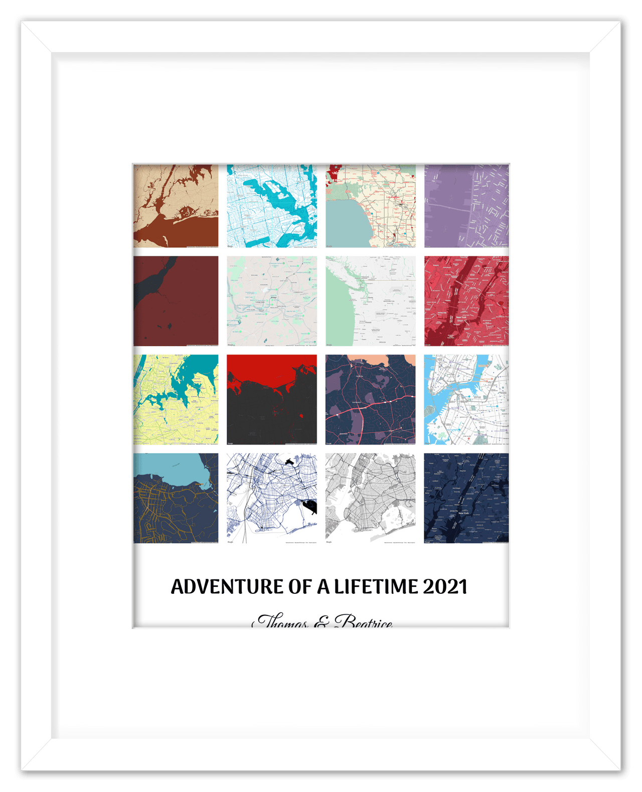 Personalized Adventure of a Lifetime Map Wall Art - Custom Travel Memories Collage Poster, Modern Minimalist Home Decor, Romantic Journey Locations Print, Gifts for Couples, Anniversary, Housewarming - Front View