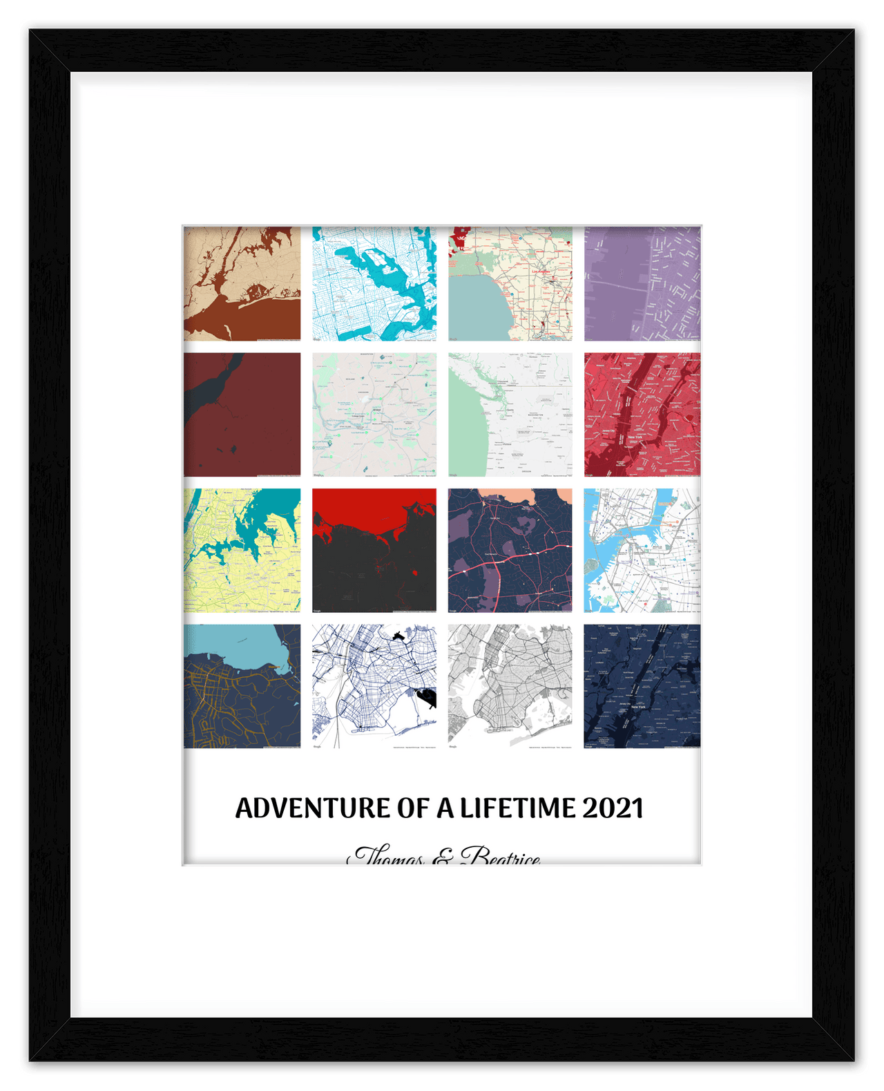 Personalized Adventure of a Lifetime Map Wall Art - Custom Travel Memories Collage Poster, Modern Minimalist Home Decor, Romantic Journey Locations Print, Gifts for Couples, Anniversary, Housewarming - Front View