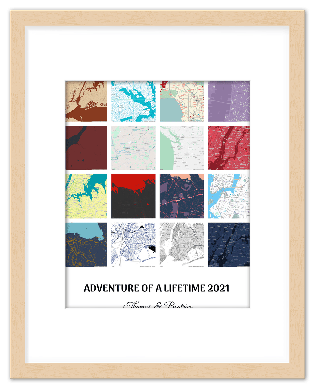 Personalized Adventure of a Lifetime Map Wall Art - Custom Travel Memories Collage Poster, Modern Minimalist Home Decor, Romantic Journey Locations Print, Gifts for Couples, Anniversary, Housewarming - Front View