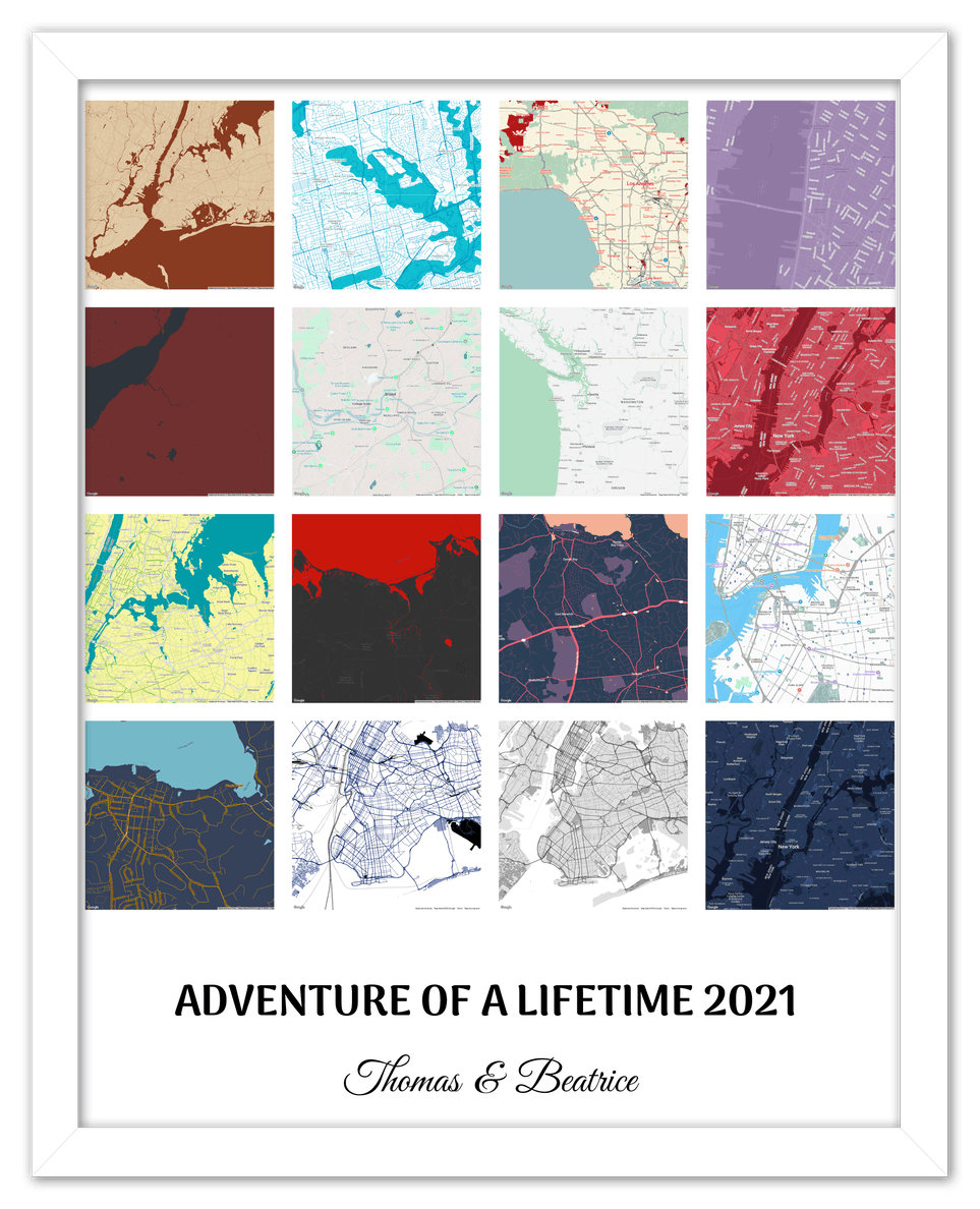 Personalized Adventure of a Lifetime Map Wall Art - Custom Travel Memories Collage Poster, Modern Minimalist Home Decor, Romantic Journey Locations Print, Gifts for Couples, Anniversary, Housewarming - Front View