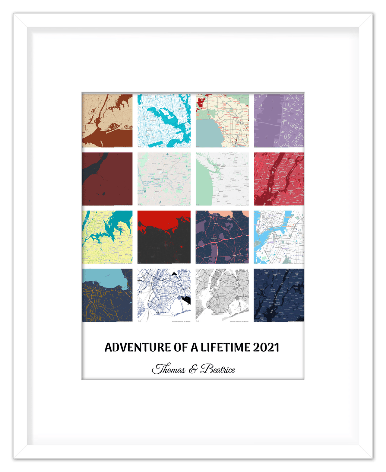 Personalized Adventure of a Lifetime Map Wall Art - Custom Travel Memories Collage Poster, Modern Minimalist Home Decor, Romantic Journey Locations Print, Gifts for Couples, Anniversary, Housewarming - Front View