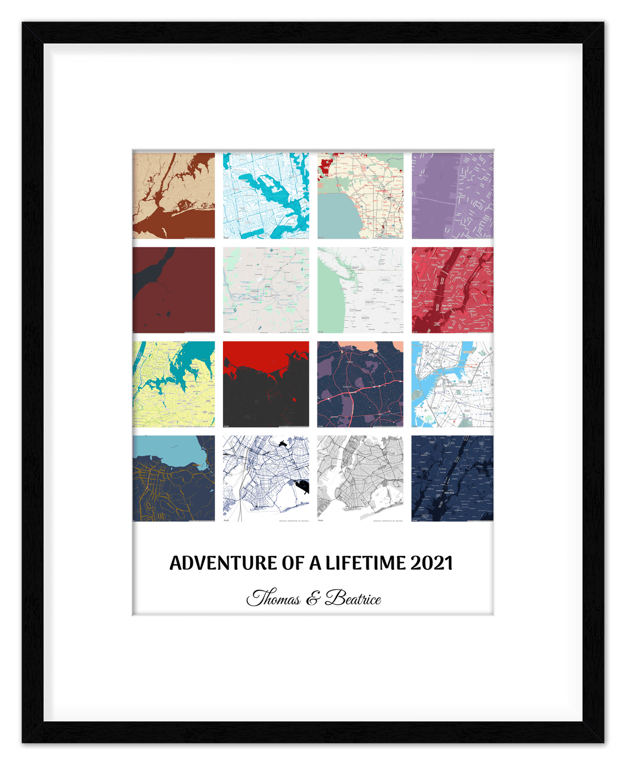 Personalized Adventure of a Lifetime Map Wall Art - Custom Travel Memories Collage Poster, Modern Minimalist Home Decor, Romantic Journey Locations Print, Gifts for Couples, Anniversary, Housewarming - Front View