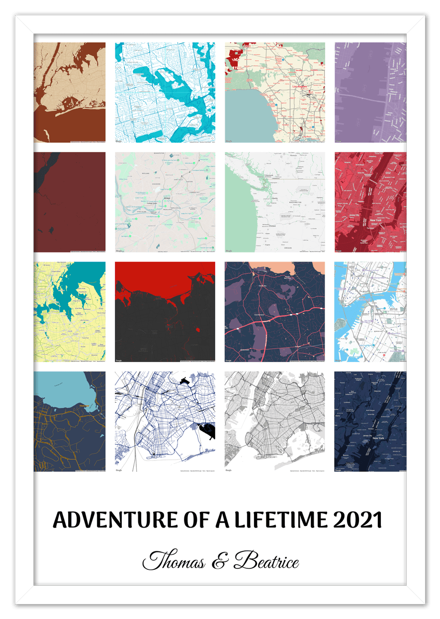 Personalized Adventure of a Lifetime Map Wall Art - Custom Travel Memories Collage Poster, Modern Minimalist Home Decor, Romantic Journey Locations Print, Gifts for Couples, Anniversary, Housewarming - Front View