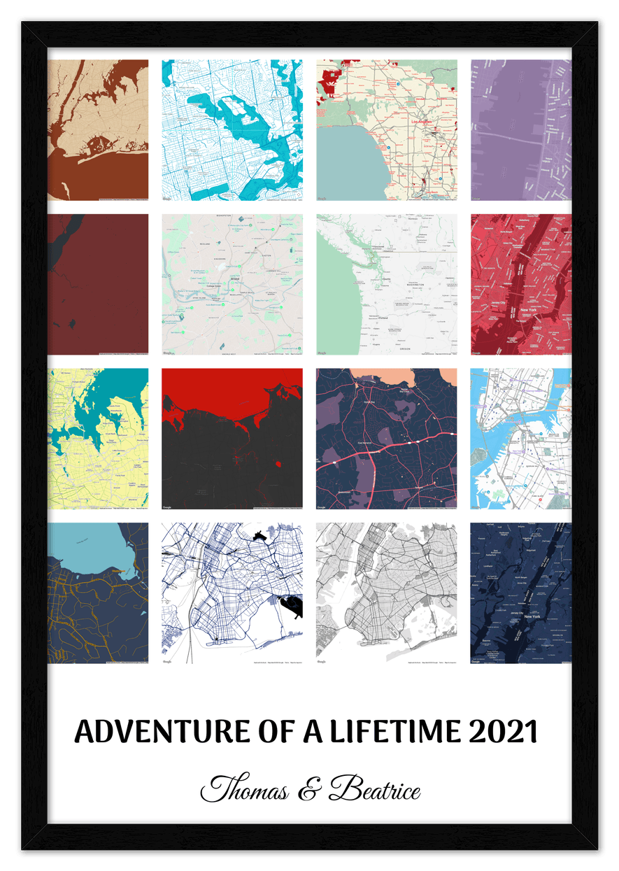 Personalized Adventure of a Lifetime Map Wall Art - Custom Travel Memories Collage Poster, Modern Minimalist Home Decor, Romantic Journey Locations Print, Gifts for Couples, Anniversary, Housewarming - Front View