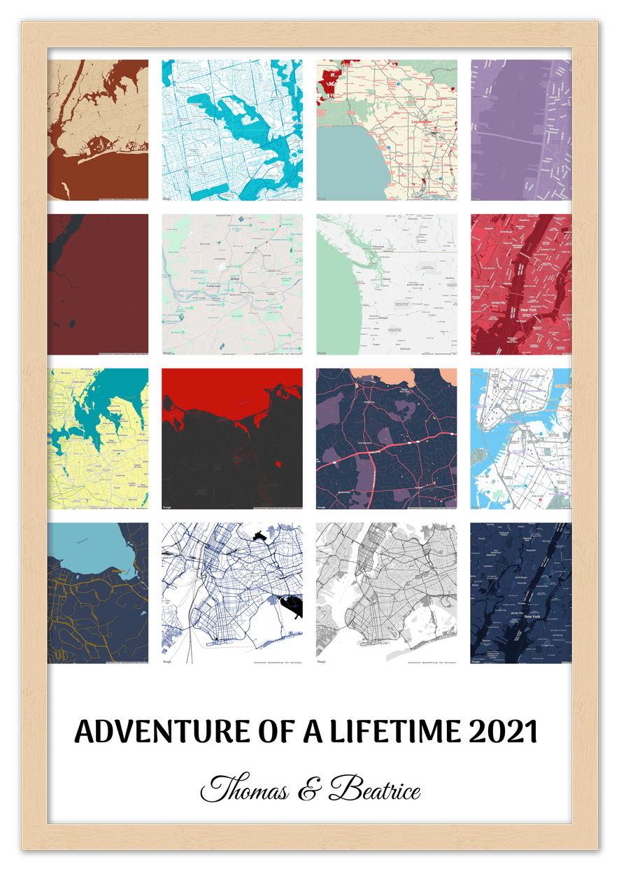 Personalized Adventure of a Lifetime Map Wall Art - Custom Travel Memories Collage Poster, Modern Minimalist Home Decor, Romantic Journey Locations Print, Gifts for Couples, Anniversary, Housewarming - Front View