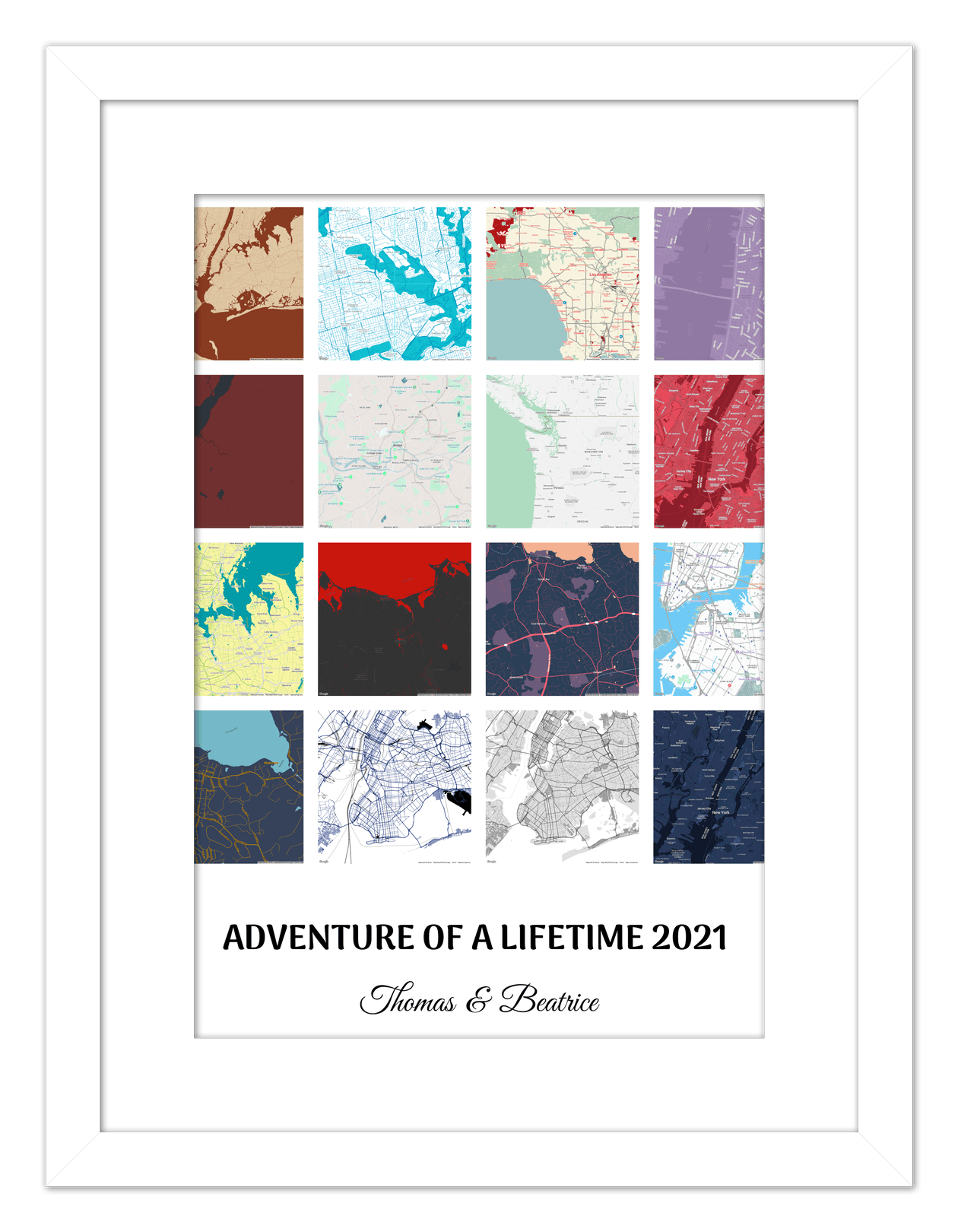 Personalized Adventure of a Lifetime Map Wall Art - Custom Travel Memories Collage Poster, Modern Minimalist Home Decor, Romantic Journey Locations Print, Gifts for Couples, Anniversary, Housewarming - Front View