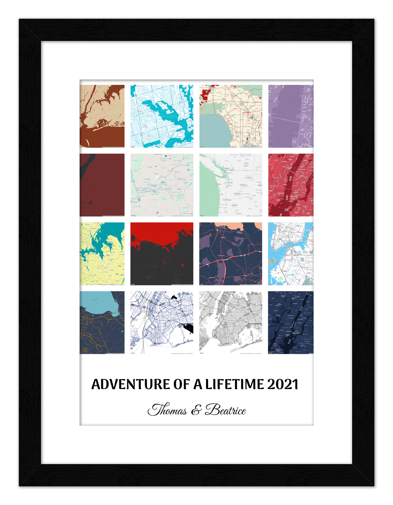 Personalized Adventure of a Lifetime Map Wall Art - Custom Travel Memories Collage Poster, Modern Minimalist Home Decor, Romantic Journey Locations Print, Gifts for Couples, Anniversary, Housewarming - Front View