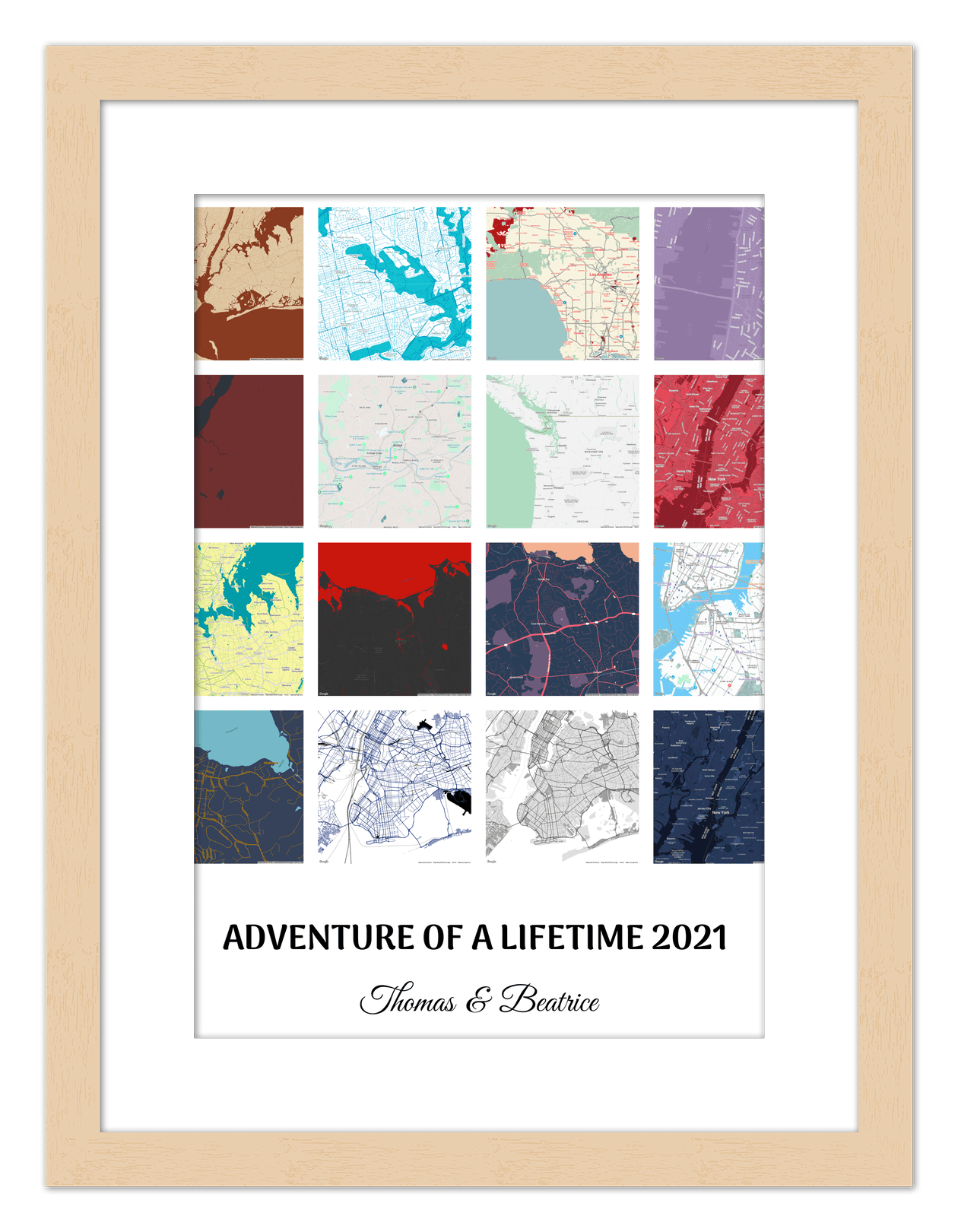 Personalized Adventure of a Lifetime Map Wall Art - Custom Travel Memories Collage Poster, Modern Minimalist Home Decor, Romantic Journey Locations Print, Gifts for Couples, Anniversary, Housewarming - Front View