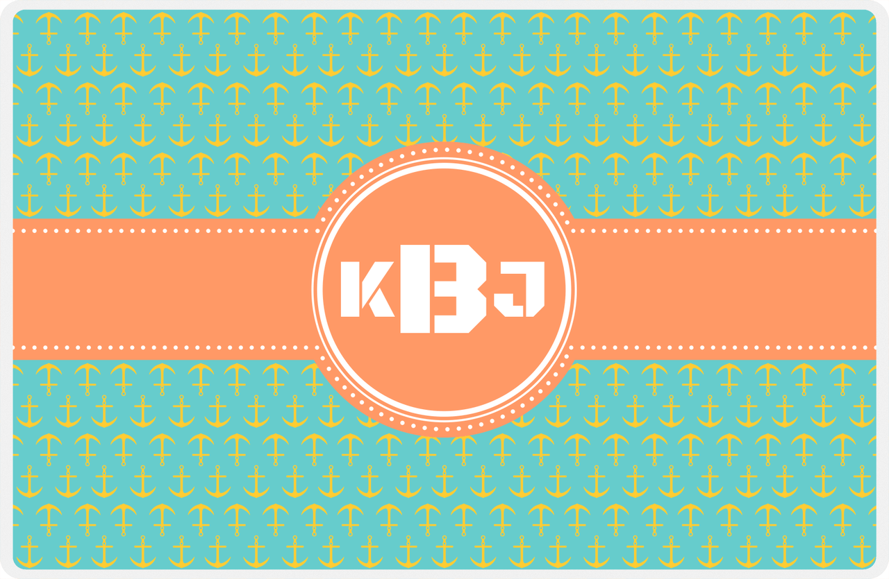 Personalized Anchors Placemat - Viking Blue and Mustard - Tangerine Circle Frame with Ribbon -  View
