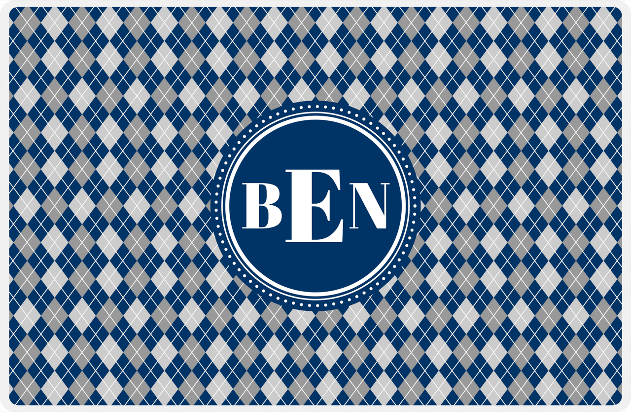 Personalized Argyle Placemat - Light Grey and White - Navy Circle Frame -  View