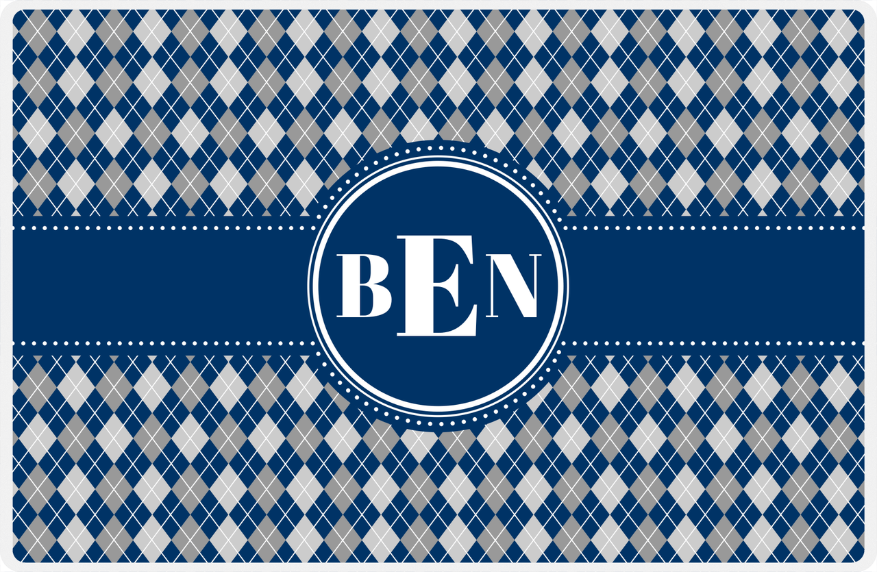 Personalized Argyle Placemat - Light Grey and White - Navy Circle Frame With Ribbon -  View