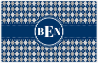 Thumbnail for Personalized Argyle Placemat - Light Grey and White - Navy Circle Frame With Ribbon -  View