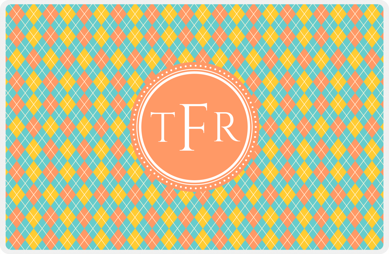 Personalized Argyle Placemat - Viking Blue and Mustard - Tangerine Circle Frame -  View