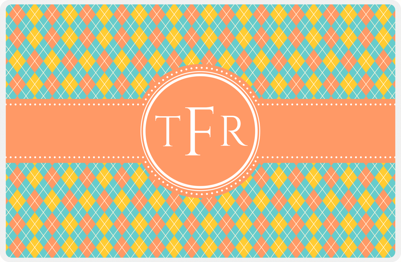 Personalized Argyle Placemat - Viking Blue and Mustard - Tangerine Circle Frame With Ribbon -  View